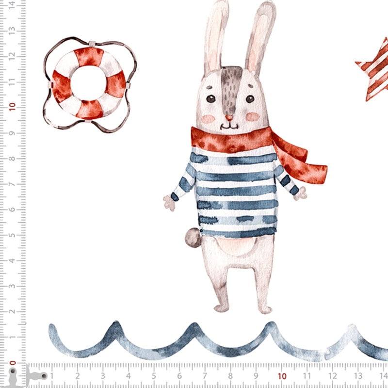 Tecido Sarja Digital -Coleção Floratta - Capsula de Pascoa 2022 - barrado coelhos Navy  - Fernando Maluhy 