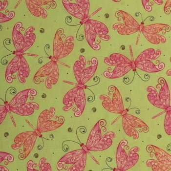 Tecido Tricoline - Borboleta rosa fd. verde - Importado (0,50x1,10 cm) 
