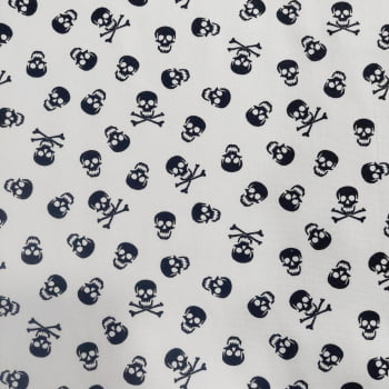 Tecido tricoline -  Caveira pequena preta- fd branco- Fernando Maluhy  (50x1,50 cm)  