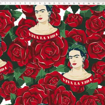 Tecido tricoline  - Frida com Rosas vermelhas - Col. Frida Kahlo   - Fernando Maluhy       