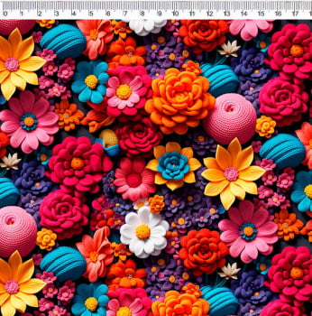 Tecido Tricoline digital - Floral vermelho- Col. Crochet Flowers- Floral - Fernando Maluhy  (50x1,50 cm)                      