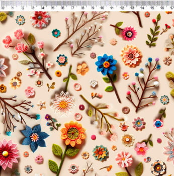 Tecido Tricoline digital - Floral c/galhos  - Col. Crochet Flowers - Floral - Fernando Maluhy  (50x1,50 cm)                       