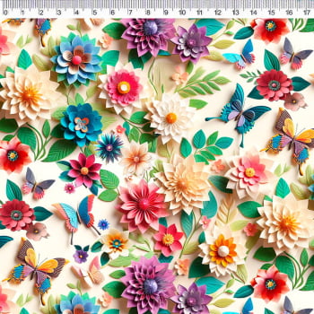 Tecido Tricoline digital - Floral fd. bege c/ borboletas - Col. Flores de Papel - Floral - Fernando Maluhy  (50x1,50 cm)                        