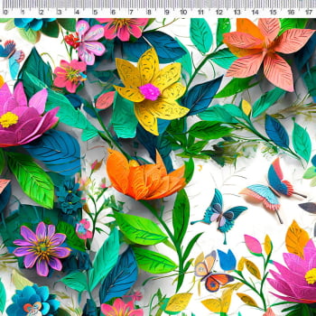 Tecido Tricoline digital - Floral fd. branco com borboletas - Col. Flores de Papel - Floral - Fernando Maluhy  (50x1,50 cm)                      