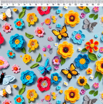 Tecido Tricoline digital - Floral com borboletas  - Col. Crochet Flowers - Floral - Fernando Maluhy  (50x1,50 cm)                        