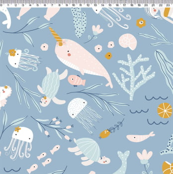 Tecido Tricoline - Baleias com Algas fd. azul - Col. Fd. do Mar por Mariana Curti - Fernando Maluhy  (50x1,50 cm)                   