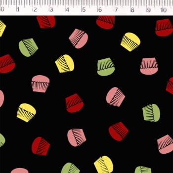 Tecido tricoline - Coleção Cupcakes- Mini Cupcacke fundo preto - Fernando Maluhy         