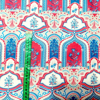 Tecido tricoline - Coleção Oriente - Divino Arranjo - Palácio barrado azul c/ vermelho - Fernando Maluhy         