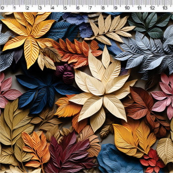 Tecido tricoline digital 3D - Folhas coloridas - Col. Renata Blanco - Fernando Maluhy   (0,50x1,50cm)        