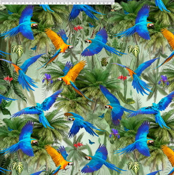 Tecido Tricoline digital - Araras azul e amarela  Col. Pantanal - Fernando Maluhy  (50x1,50 cm)                      