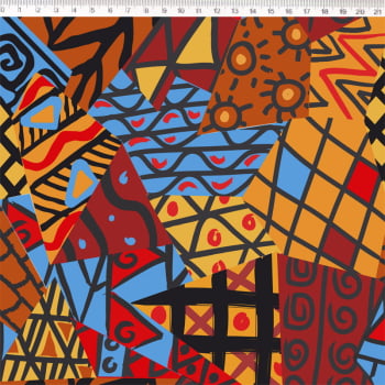 Tecido Tricoline digital - Azul c/laranja - Col. Africa - Fernando Maluhy  (50x1,50 cm)                            