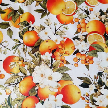 Tecido Tricoline digital - Laranja c/ flores - Col. Oranges - Frutas - Fernando Maluhy  (50x1,50 cm)                        