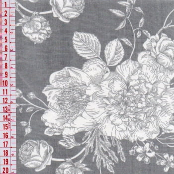 Tecido tricoline floral - flor  branca fundo cinza - Cris Mazzer     
