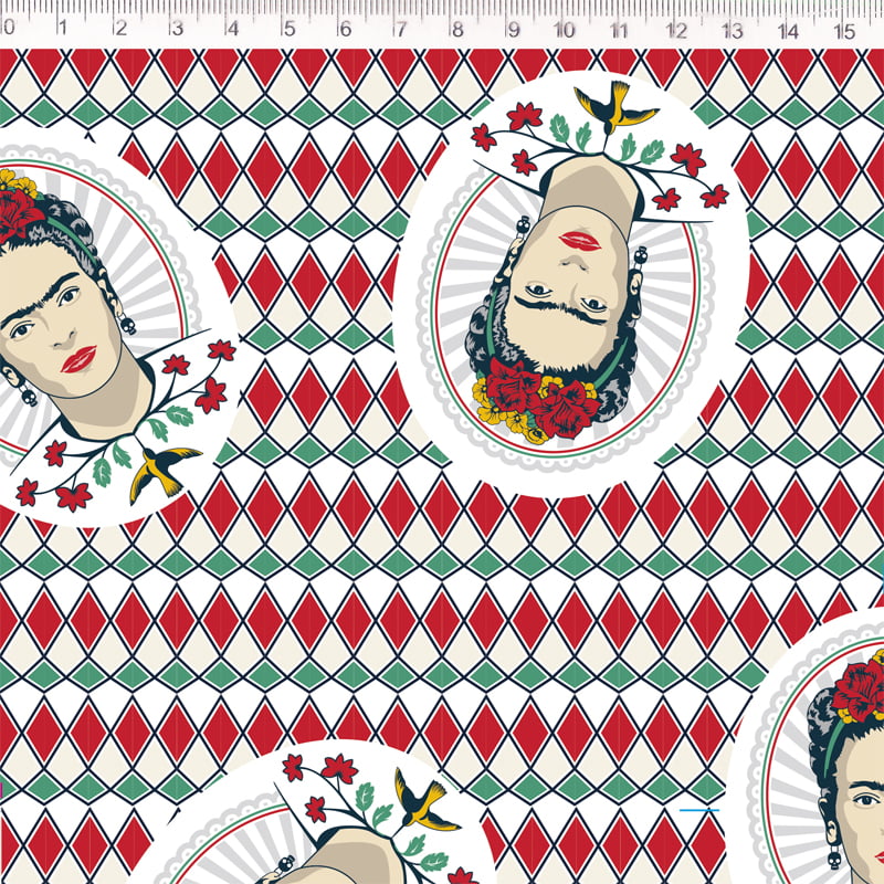 Tecido tricoline - Coleção Frida Kahlo  - Frida com textura geometrico  - Fernando Maluhy      