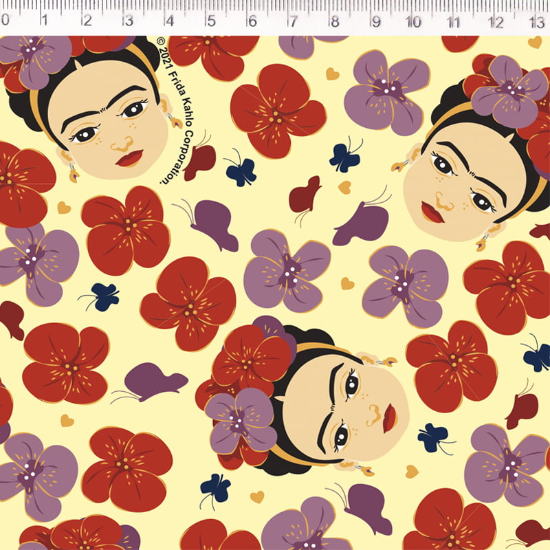 Tecido tricoline - Coleção Frida Kahlo  - Frida c/ flores coloridas  - Fernando Maluhy     